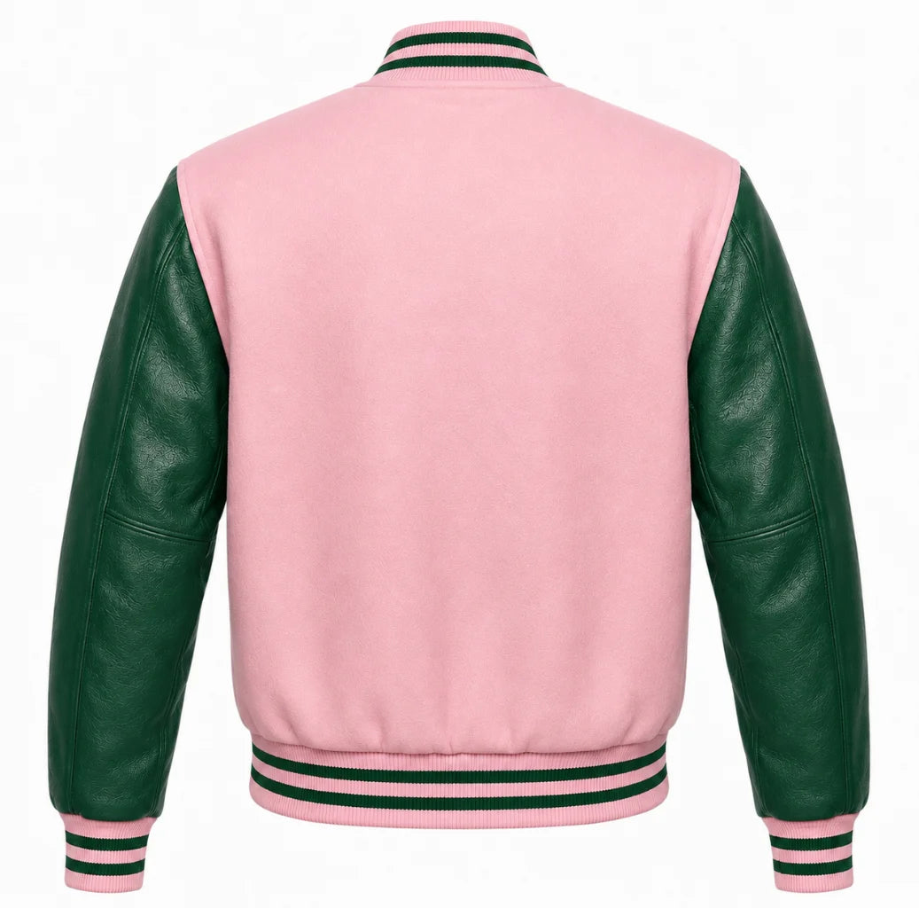 Baby pink wool letterman jacket with green cowhide sleeves, back view