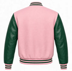 Baby pink wool letterman jacket with green cowhide sleeves, back view