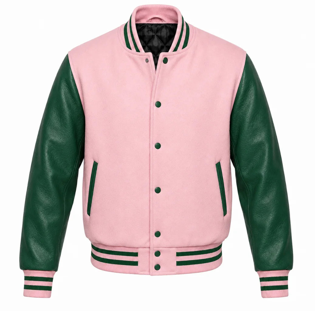 Baby pink melton wool letterman jacket with green leather sleeves, front view