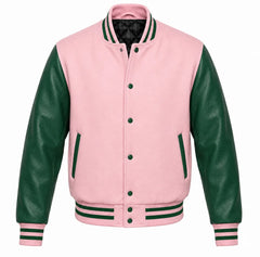 Baby pink melton wool letterman jacket with green leather sleeves, front view