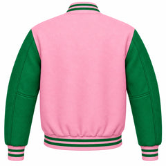 Baby Pink and Green Wool Varsity Jacket