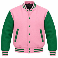 Baby Pink and Green Wool Varsity Jacket