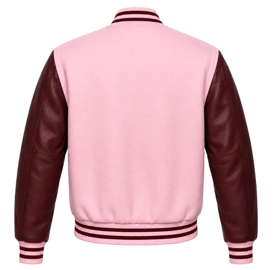 Baby pink wool varsity jacket with maroon cowhide sleeves, back view