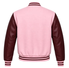 Baby pink wool varsity jacket with maroon cowhide sleeves, back view