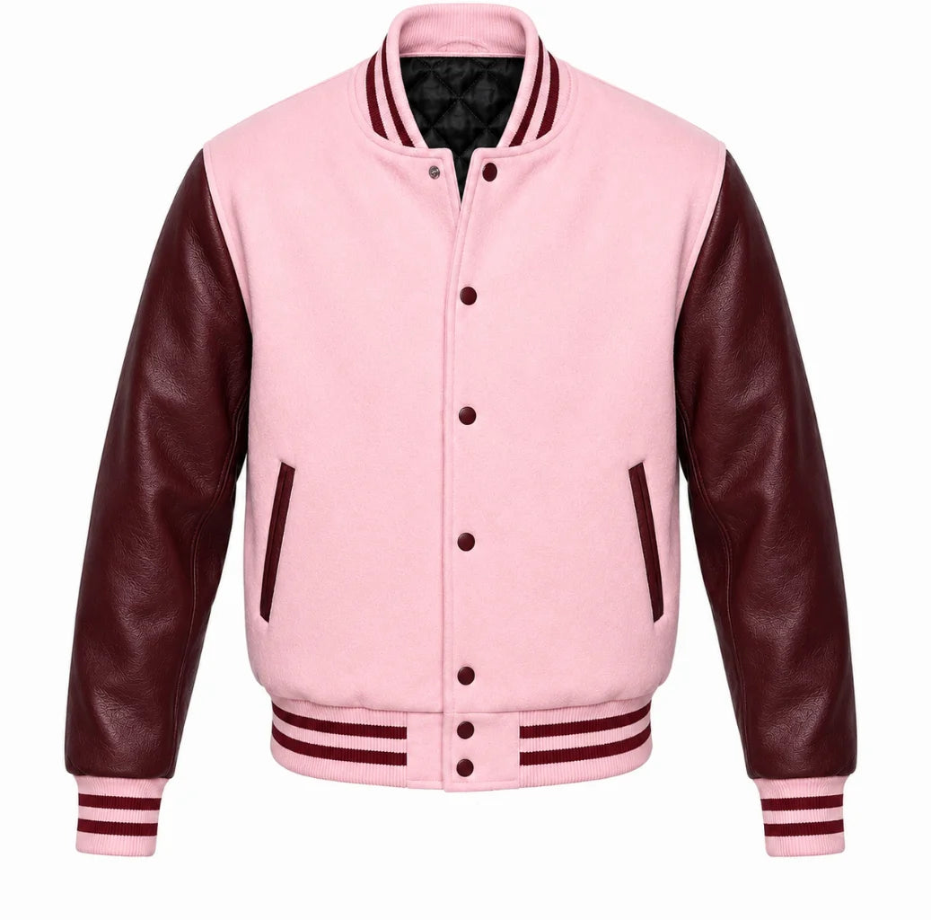 Baby pink melton wool varsity jacket with maroon leather sleeves, front view