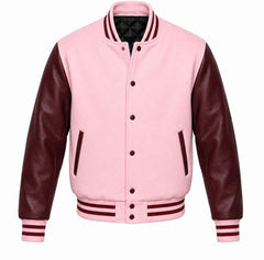 Baby pink melton wool varsity jacket with maroon leather sleeves, front view