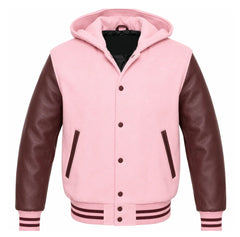 Baby Pink and Maroon Varsity Jacket with Hood