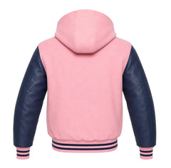 Baby Pink and Navy Blue Hooded Varsity Jacket