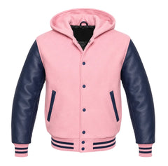 Baby Pink and Navy Blue Hooded Varsity Jacket