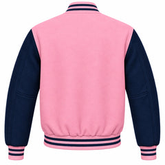 Baby Pink and Navy Blue Wool Varsity Jacket