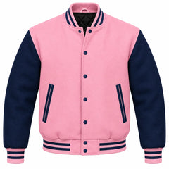 Baby Pink and Navy Blue Wool Varsity Jacket