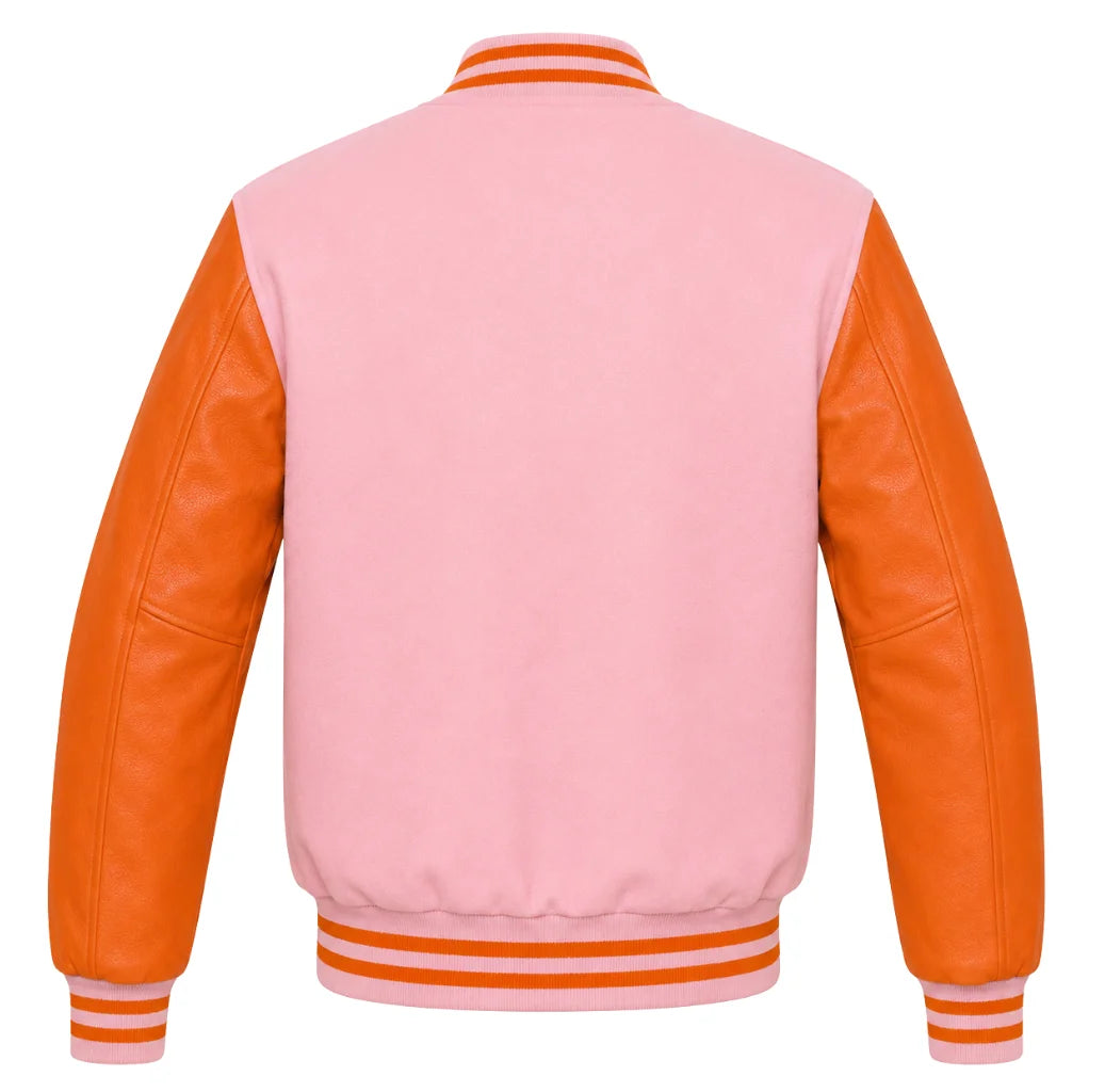 Baby pink wool letterman jacket with orange cowhide sleeves, back view