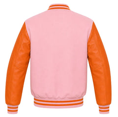 Baby pink wool letterman jacket with orange cowhide sleeves, back view