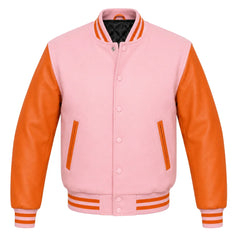 Baby pink melton wool letterman jacket with orange leather sleeves, front view