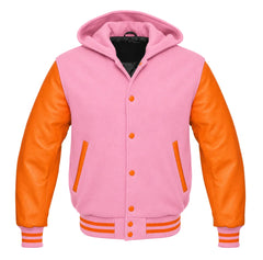 Baby Pink and Orange Varsity Jacket with Hood
