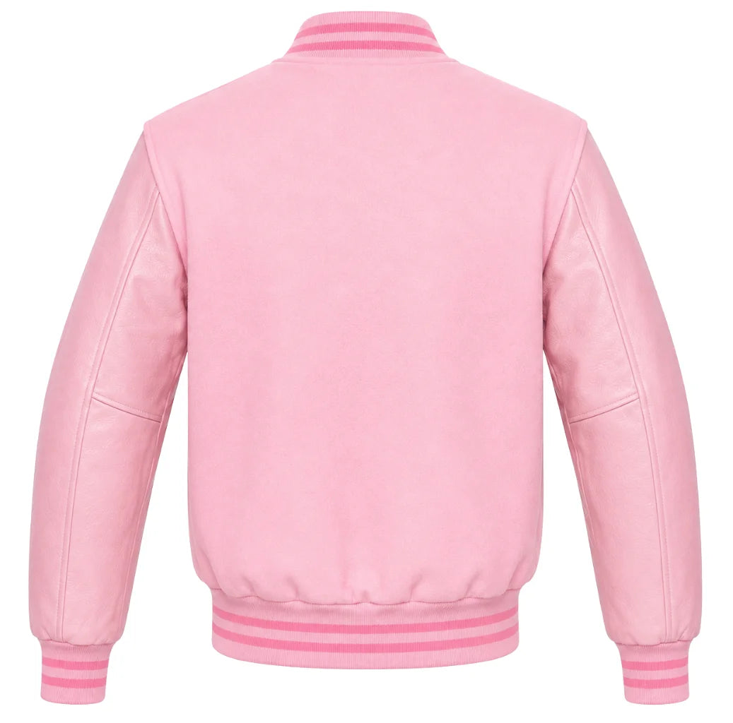 Baby pink wool letterman jacket with pink cowhide sleeves, back view