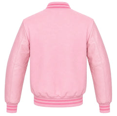 Baby pink wool letterman jacket with pink cowhide sleeves, back view