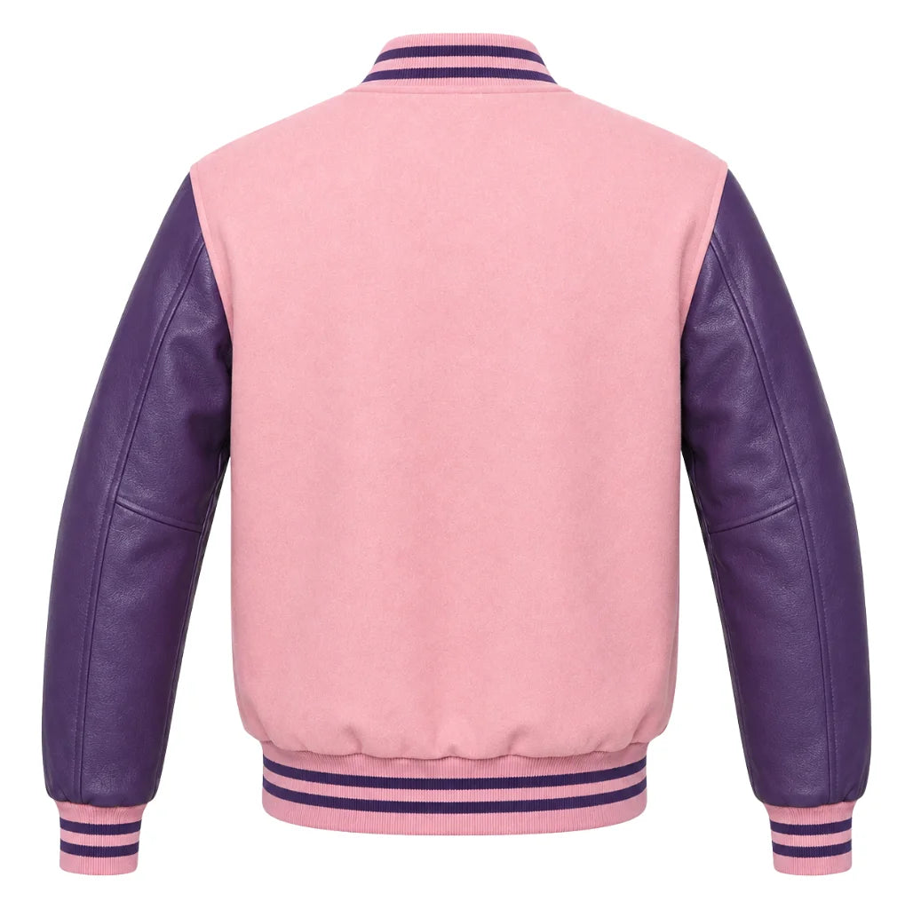 Baby pink wool varsity jacket with purple cowhide sleeves, back view