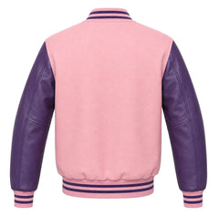 Baby pink wool varsity jacket with purple cowhide sleeves, back view