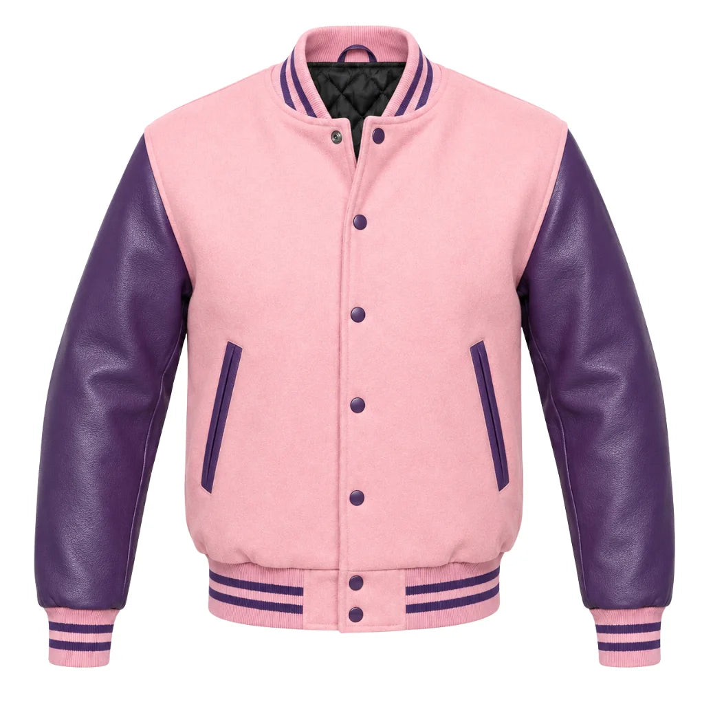 Baby pink melton wool varsity jacket with purple leather sleeves, front view
