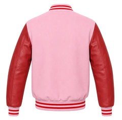 Baby pink wool letterman jacket with red cowhide sleeves, back view