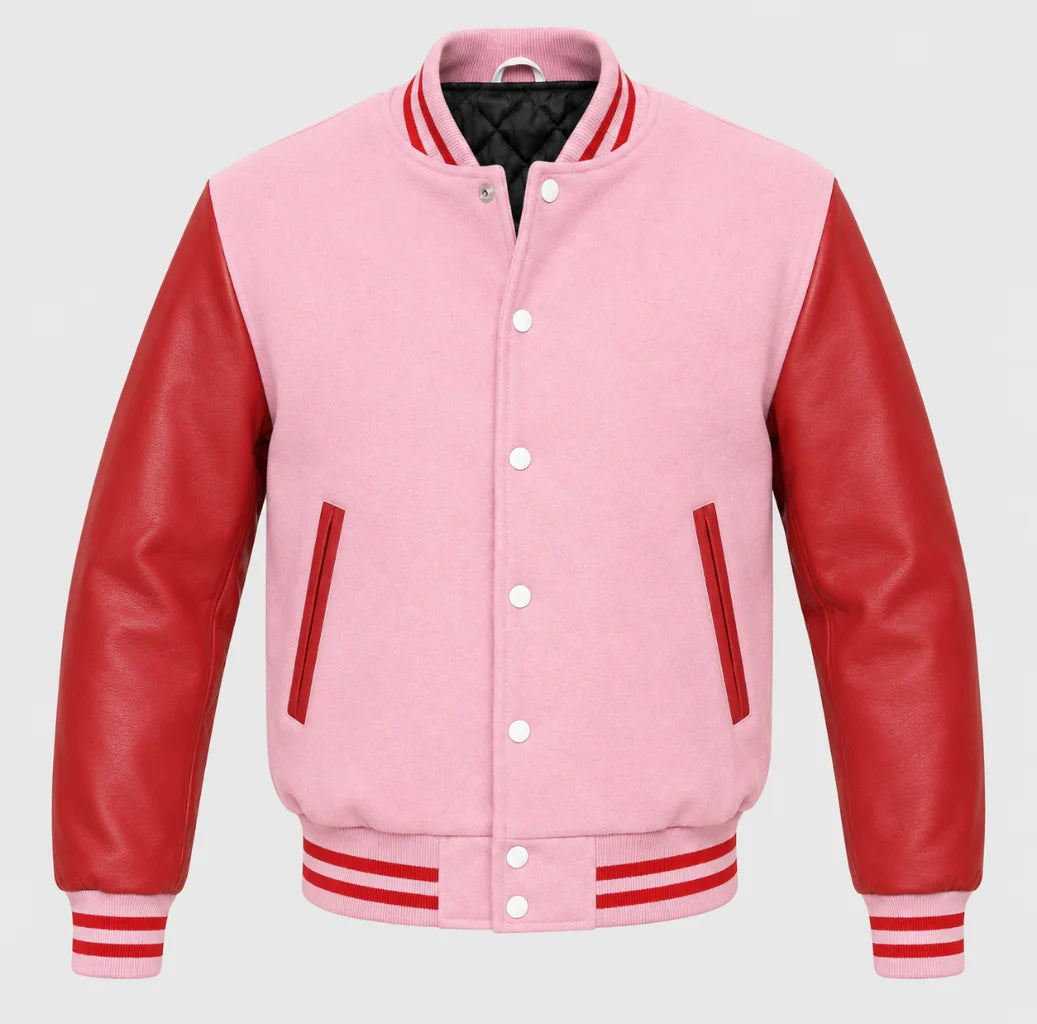 Baby pink melton wool letterman jacket with red leather sleeves, front view
