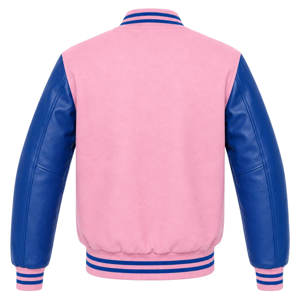 Baby pink wool letterman jacket with royal blue cowhide sleeves, back view