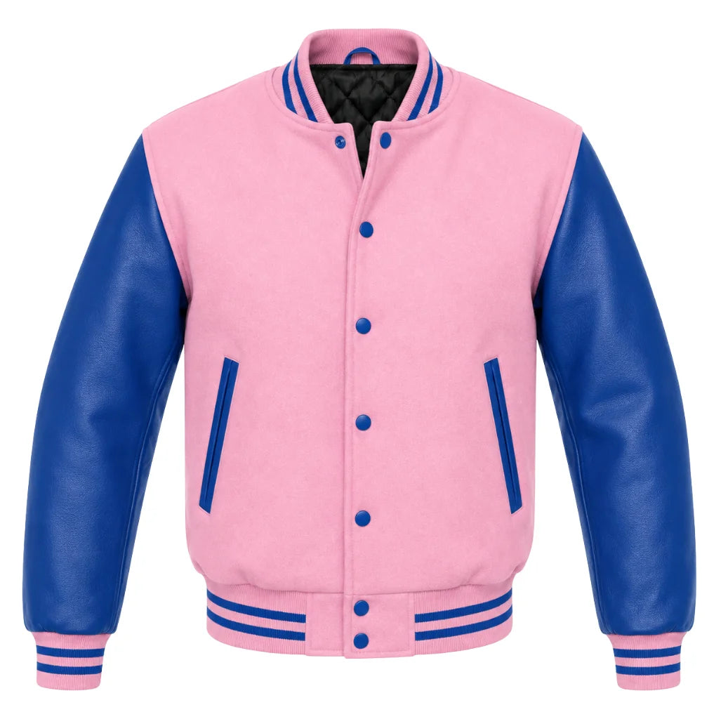 Baby pink melton wool letterman jacket with royal blue leather sleeves, front view