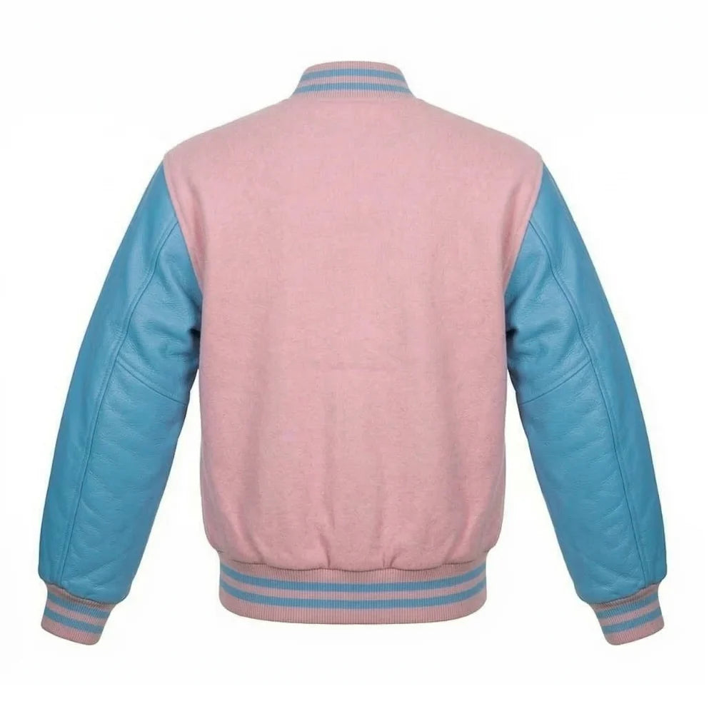 Baby Pink and Sky Blue Varsity Jacket with Wool Body and Leather Sleeves Back Side