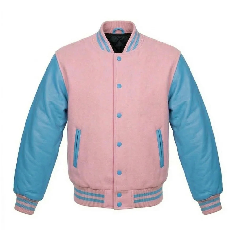 Baby Pink and Sky Blue Varsity Jacket with Wool Body and Leather Sleeves