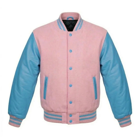 Baby Pink and Sky Blue Varsity Jacket with Wool Body and Leather Sleeves