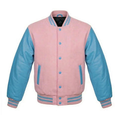 Baby Pink and Sky Blue Varsity Jacket with Wool Body and Leather Sleeves