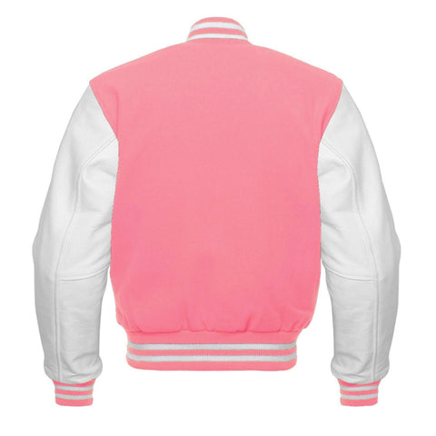 Baby Pink and White Varsity Jacket with Wool Body and Leather Sleeves Back Side