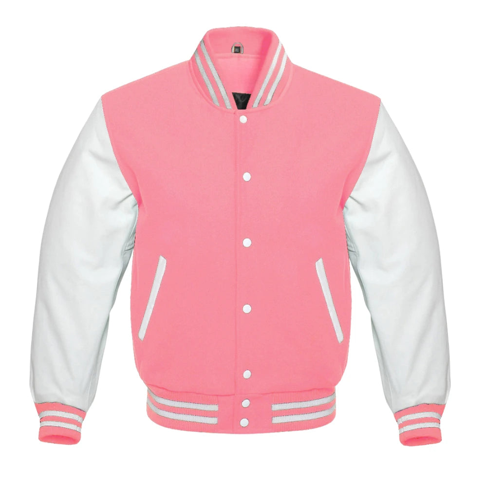 Baby Pink and White Varsity Jacket with Wool Body and Leather Sleeves