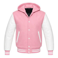 Baby Pink and White Varsity Jacket with Hood
