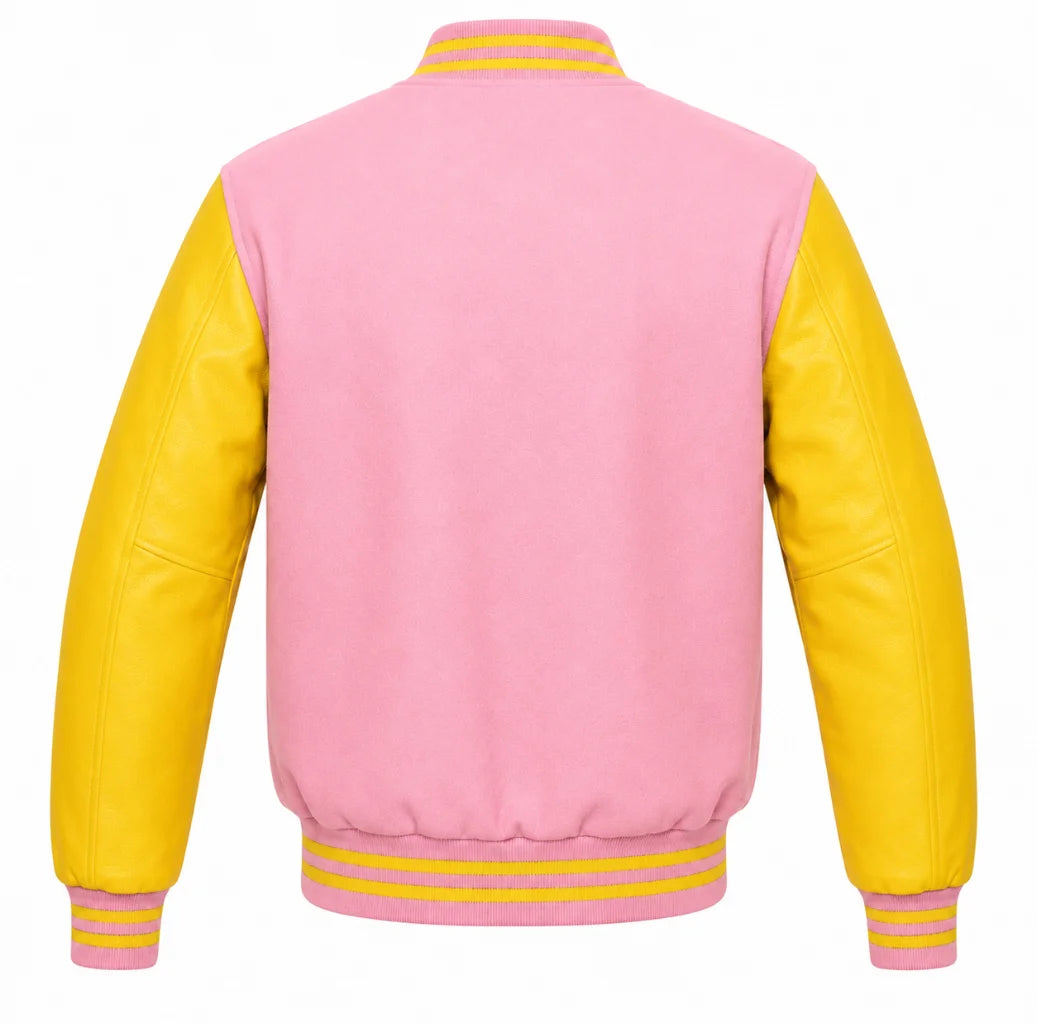 Baby pink wool letterman jacket with yellow leather sleeves, back view