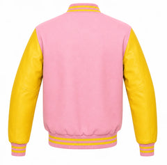 Baby pink wool letterman jacket with yellow leather sleeves, back view