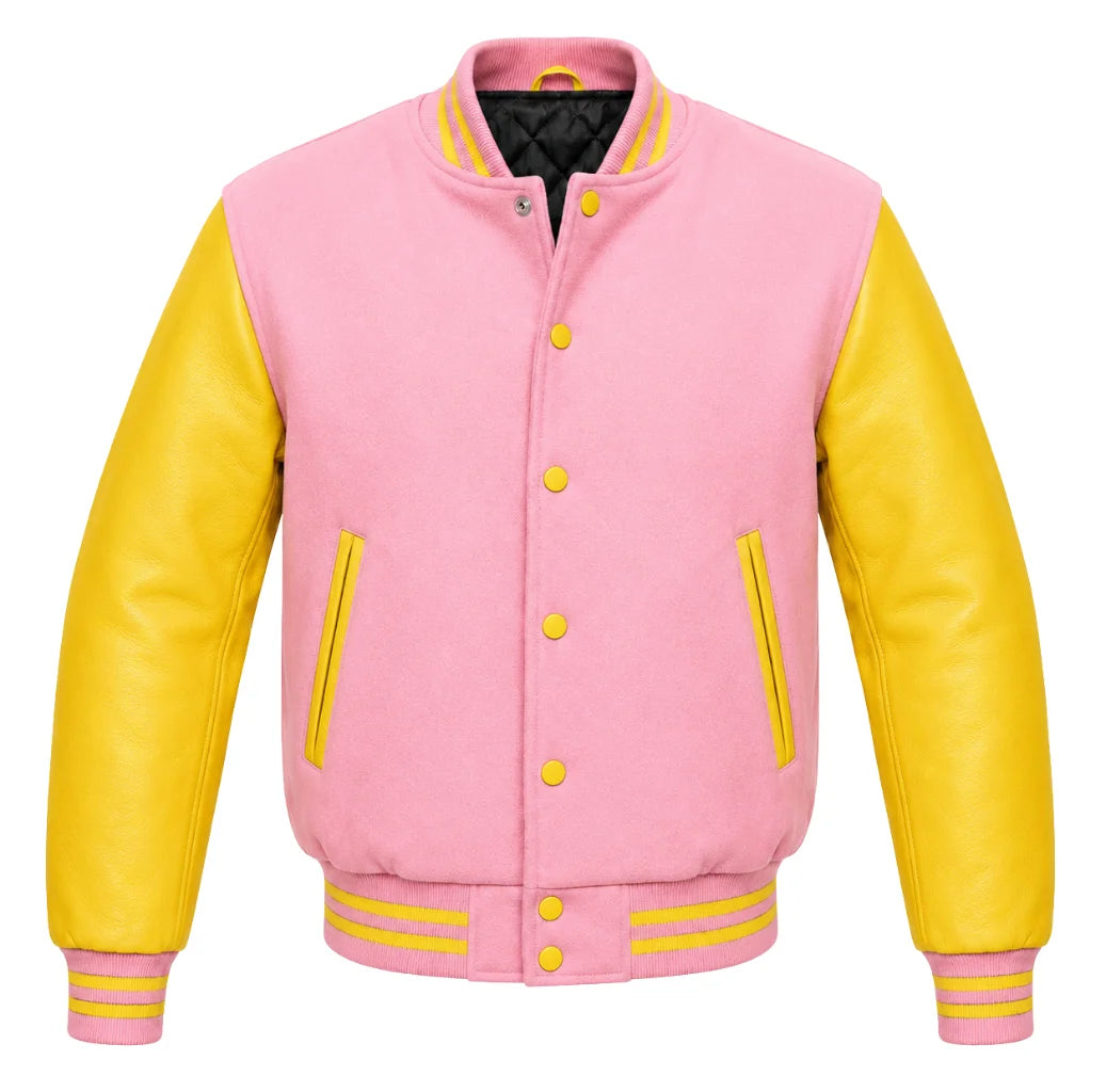 Baby pink melton wool letterman jacket with yellow leather sleeves, front view