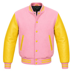 Baby pink melton wool letterman jacket with yellow leather sleeves, front view