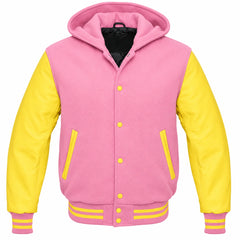 Baby Pink and Yellow Letterman Jacket with Hood