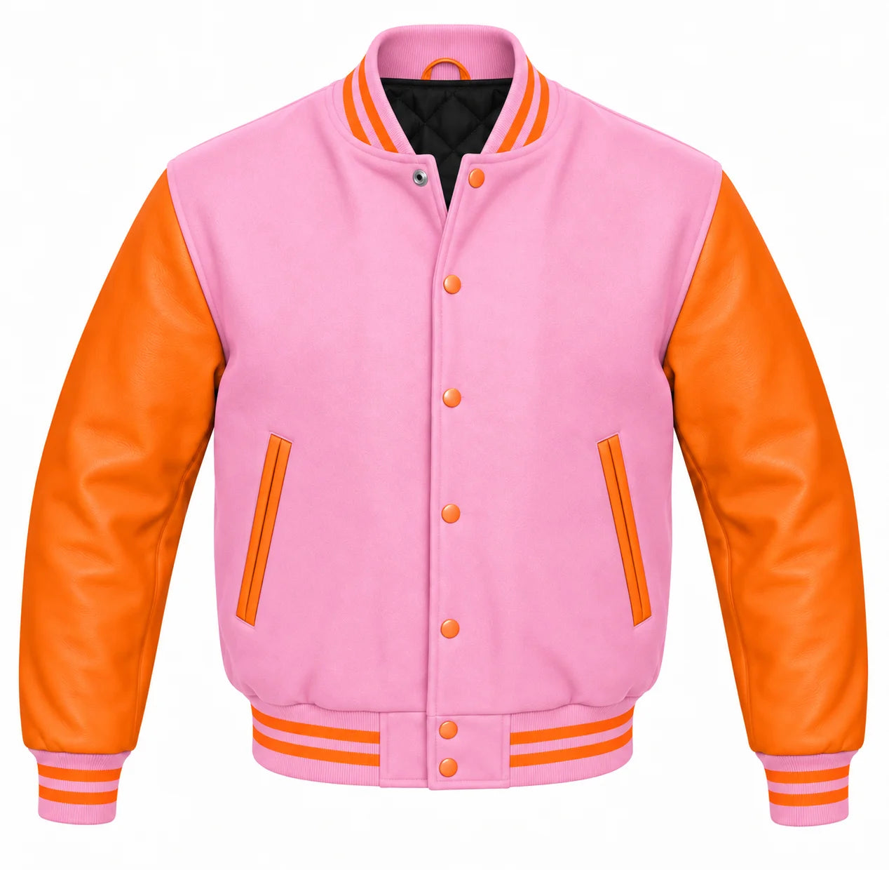 Baby Pink and Orange Varsity Jacket with Wool Body and Leather Sleeves