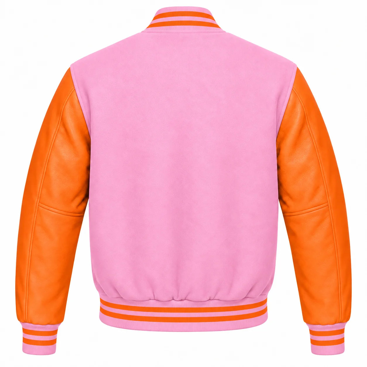 Baby Pink and Orange Varsity Jacket with Wool Body and Leather Sleeves Back View