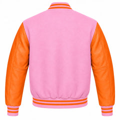 Baby Pink and Orange Varsity Jacket with Wool Body and Leather Sleeves Back View