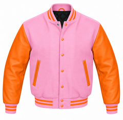 Baby Pink and Orange Varsity Jacket with Wool Body and Leather Sleeves