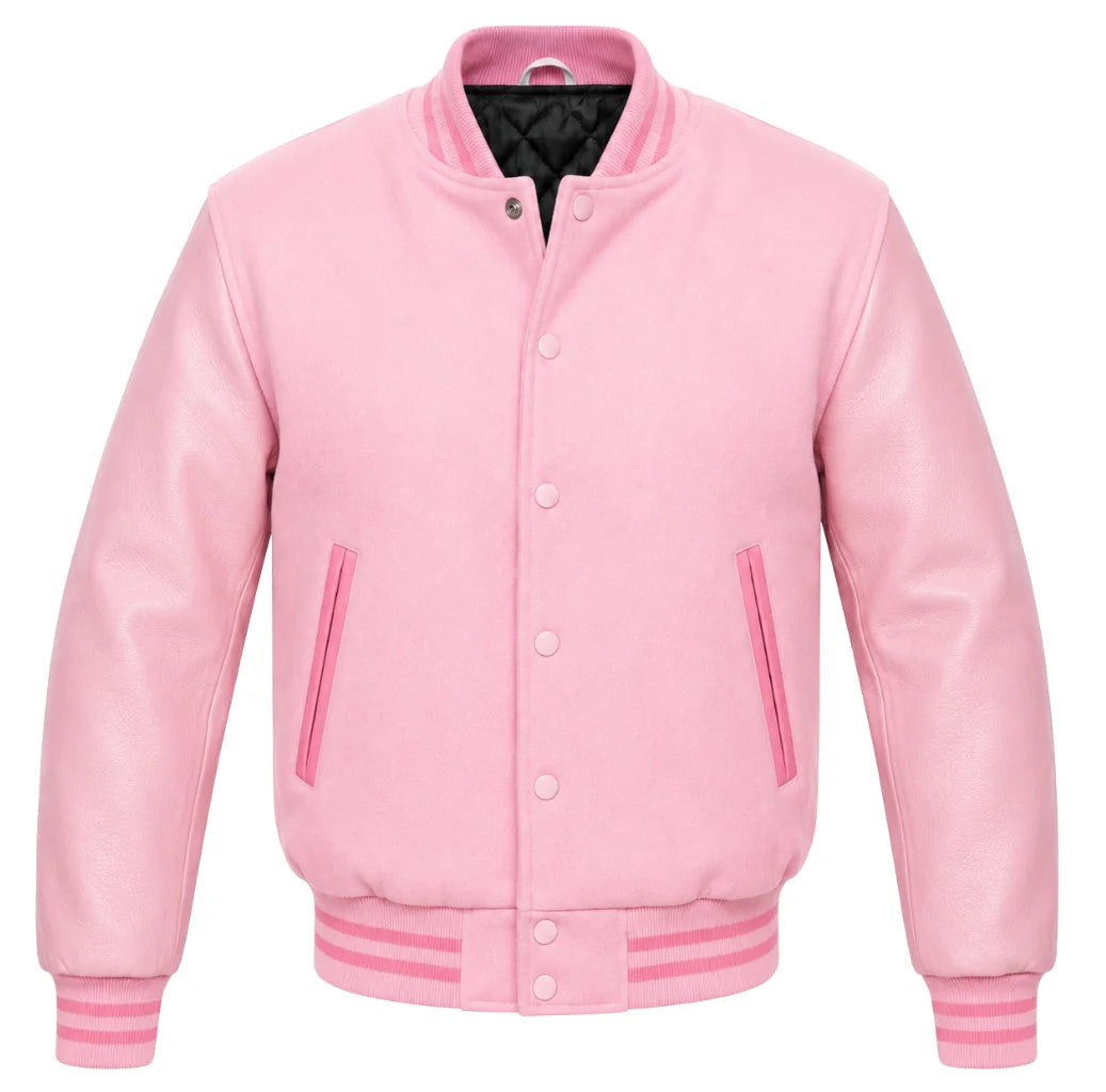 Baby pink melton wool letterman jacket with pink leather sleeves, front view