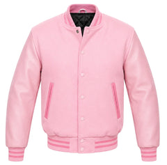Baby pink melton wool letterman jacket with pink leather sleeves, front view