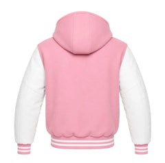 Baby Pink and White Varsity Jacket with Hood