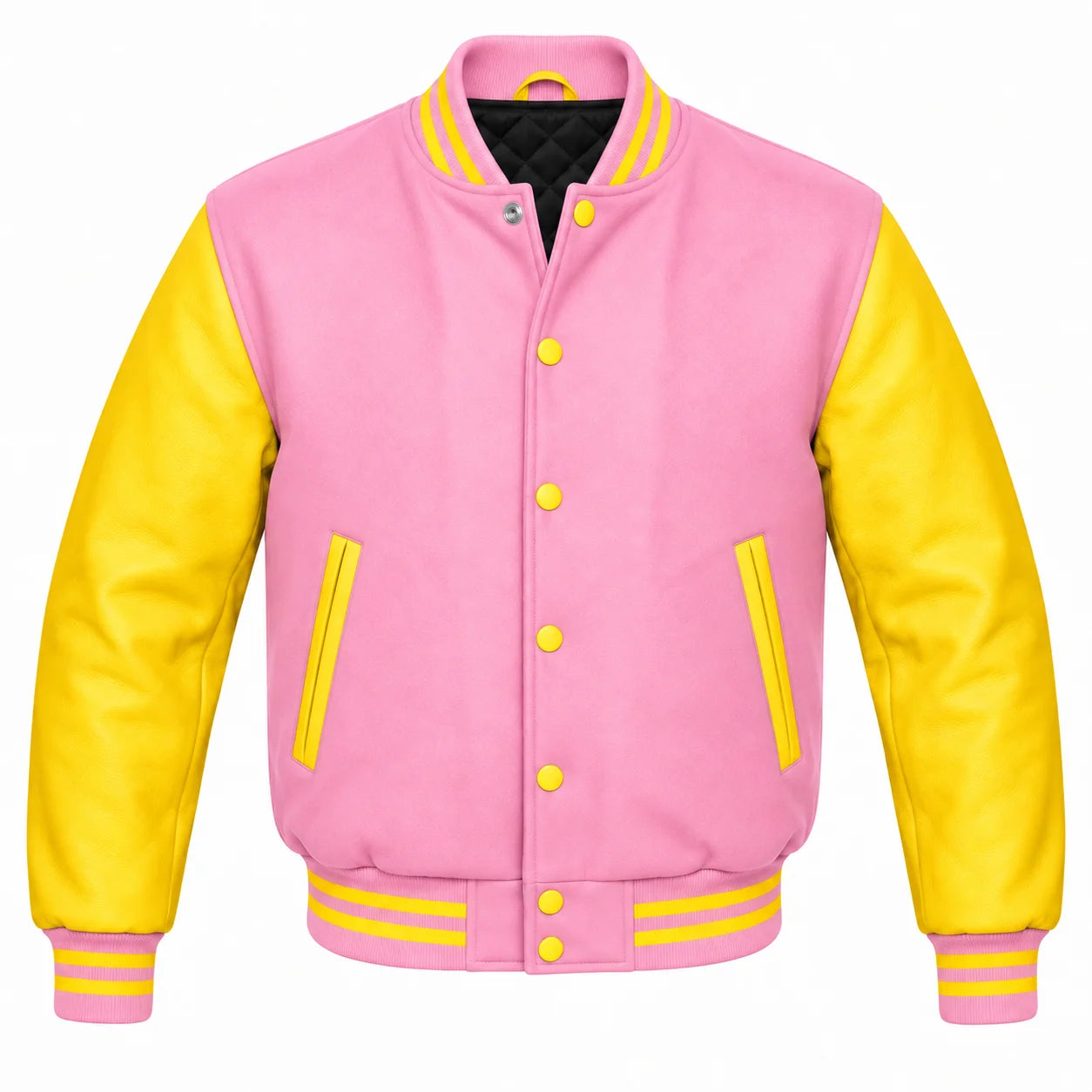 Baby Pink and Yellow Varsity Jacket with Wool Body and Leather Sleeves