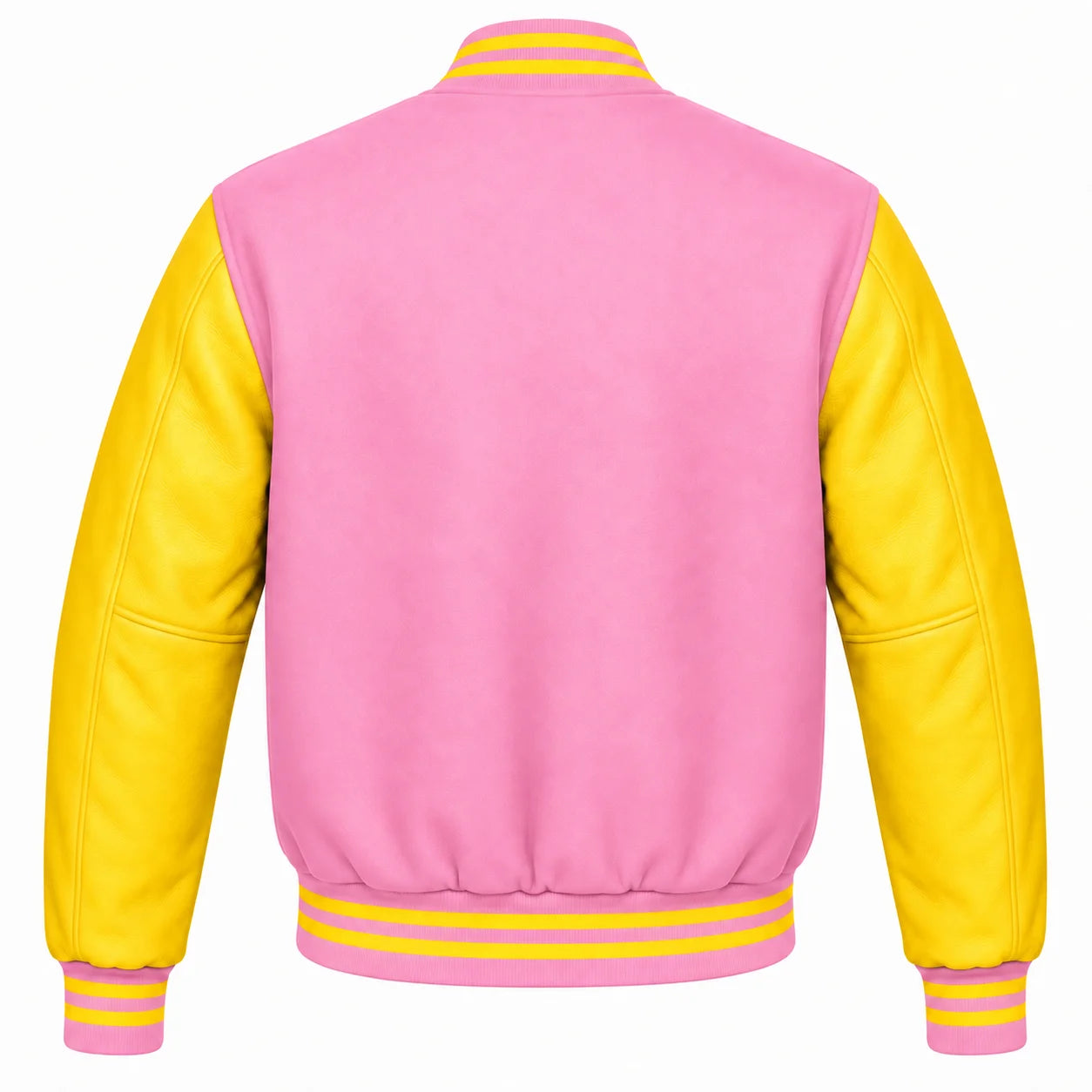 Baby Pink and Yellow Varsity Jacket with Wool Body and Leather Sleeves Back View