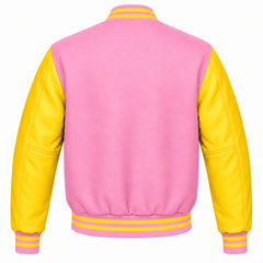 Baby Pink and Yellow Varsity Jacket with Wool Body and Leather Sleeves Back View